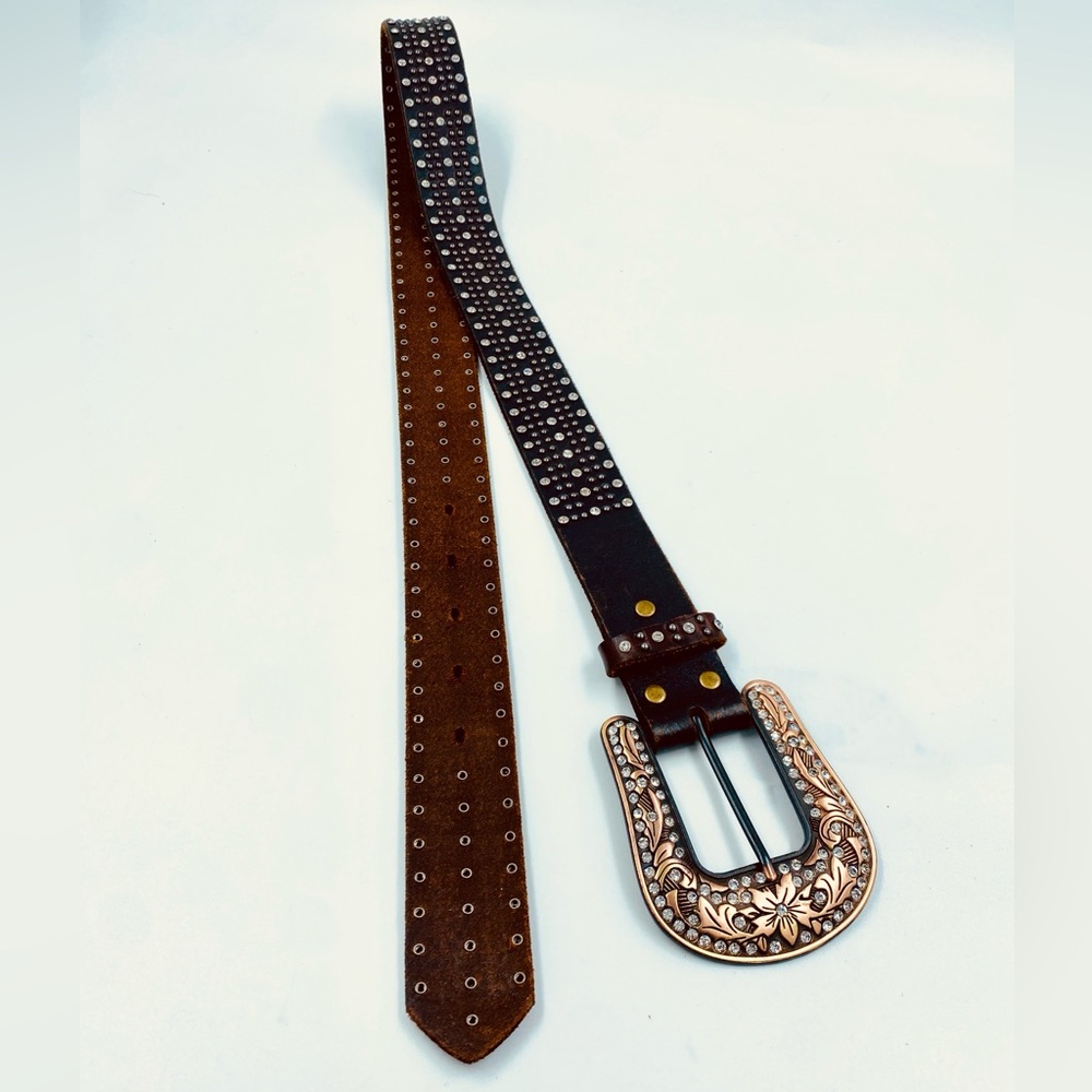 Nocona Leather Rhinestone Bead Belt Brown M EUC - Picture 2 of 5